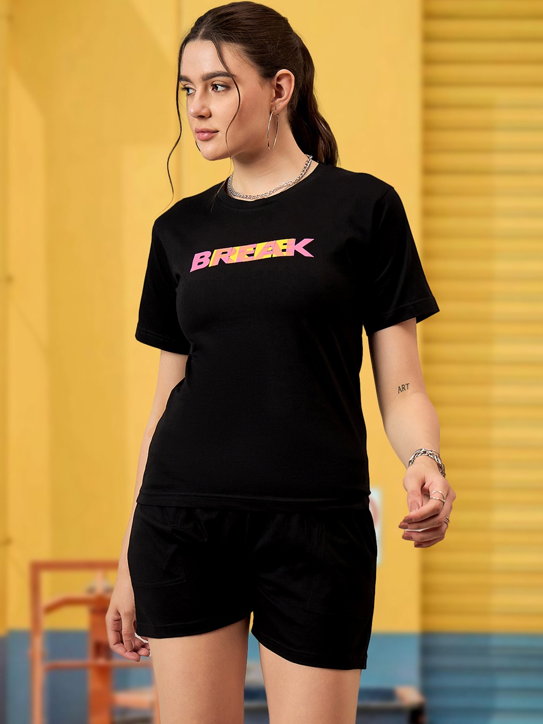 DressBerry Typography Printed Round Neck Pure Cotton T Shirt With Shorts, Black