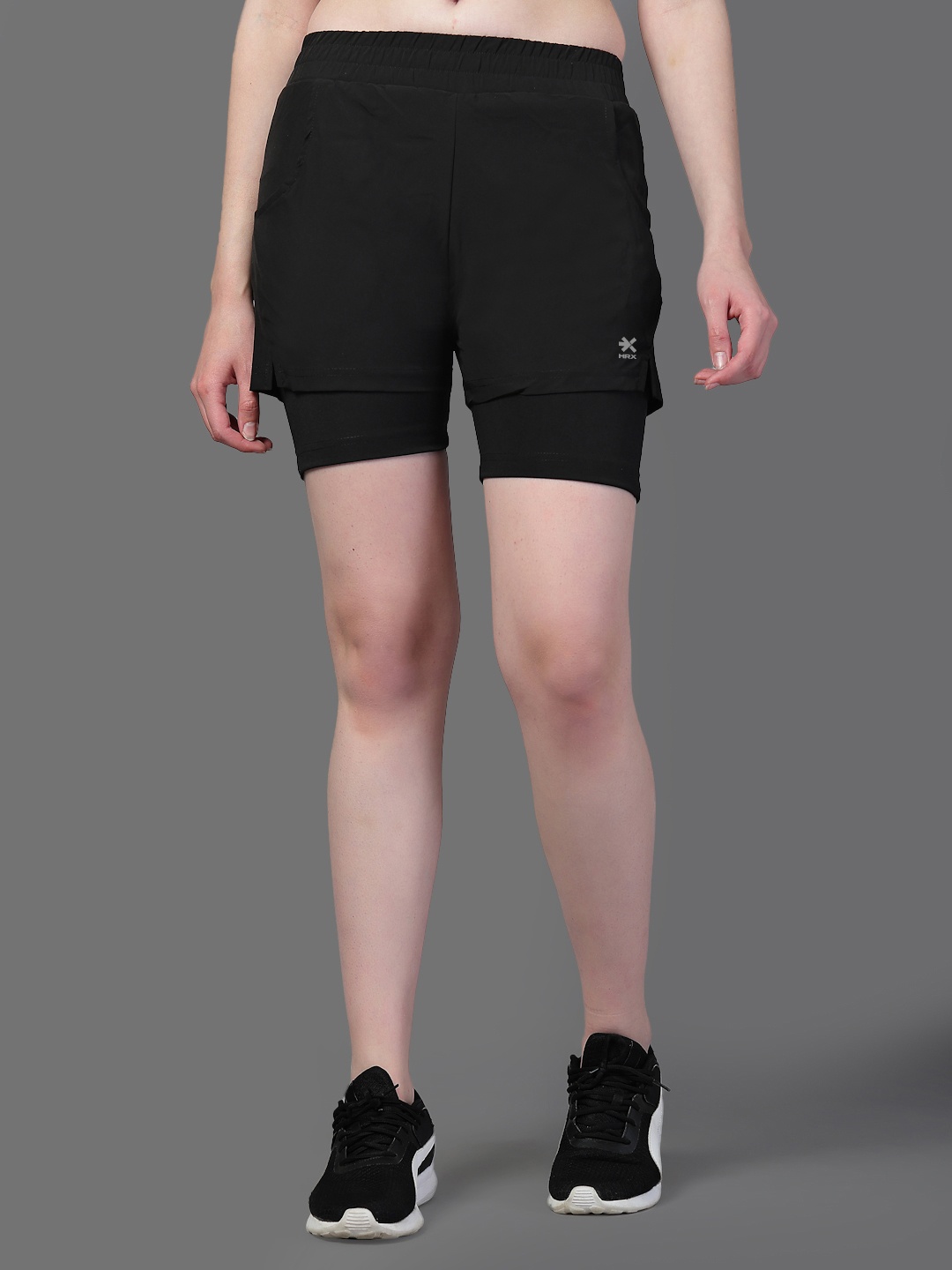 

HRX by Hrithik Roshan Women Solid Double Layer Running Sports Shorts, Black