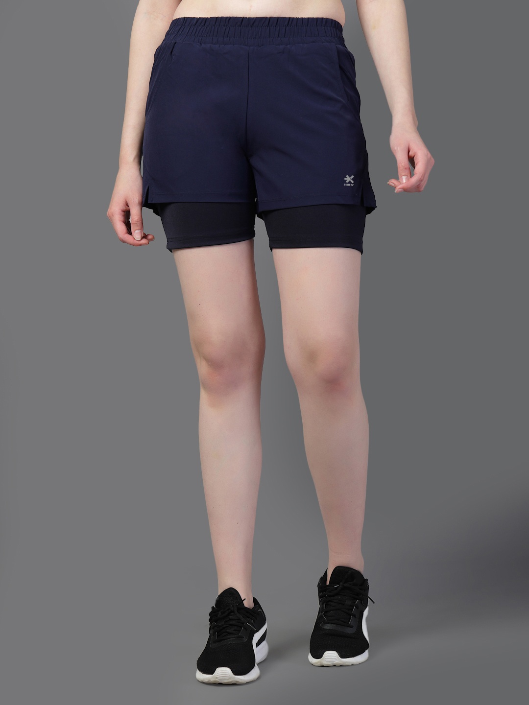 

HRX by Hrithik Roshan Women Solid Double Layer Running Sports Shorts, Navy blue