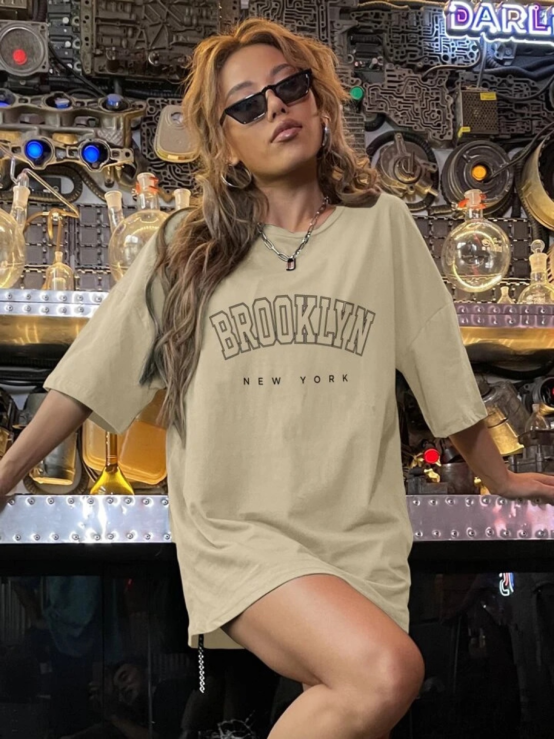 

KASHIAN Women Typography Printed Round Neck Cotton Oversized T-shirt, Beige