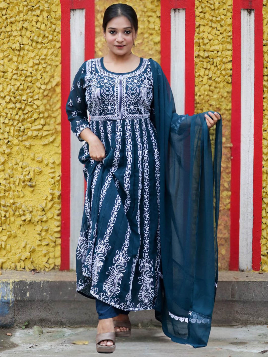 KALINI Punah Floral Embroidered Panelled Georgette Anarkali Kurta With Trousers & Dupatta, Teal