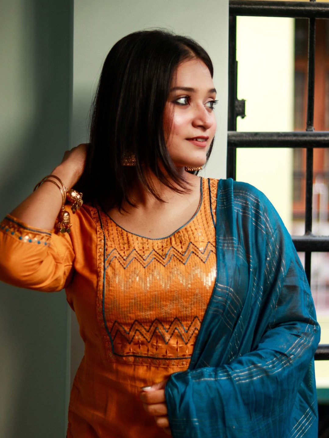 

KALINI Ethnic Motifs Embroidered Cotton Silk Straight Kurta With Trousers & Dupatta, Mustard