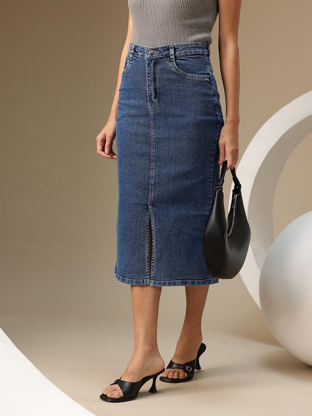 

Chemistry Women Denim Pure Cotton Midi Skirt with Slit Detail, Blue