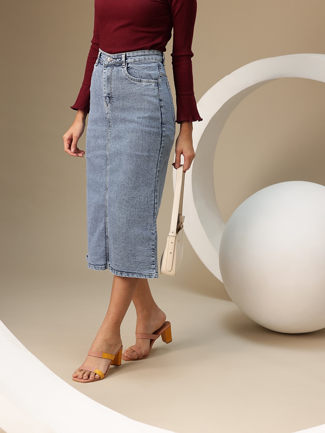

Chemistry Women Denim Pure Cotton Midi Skirt with Back Slit, Blue