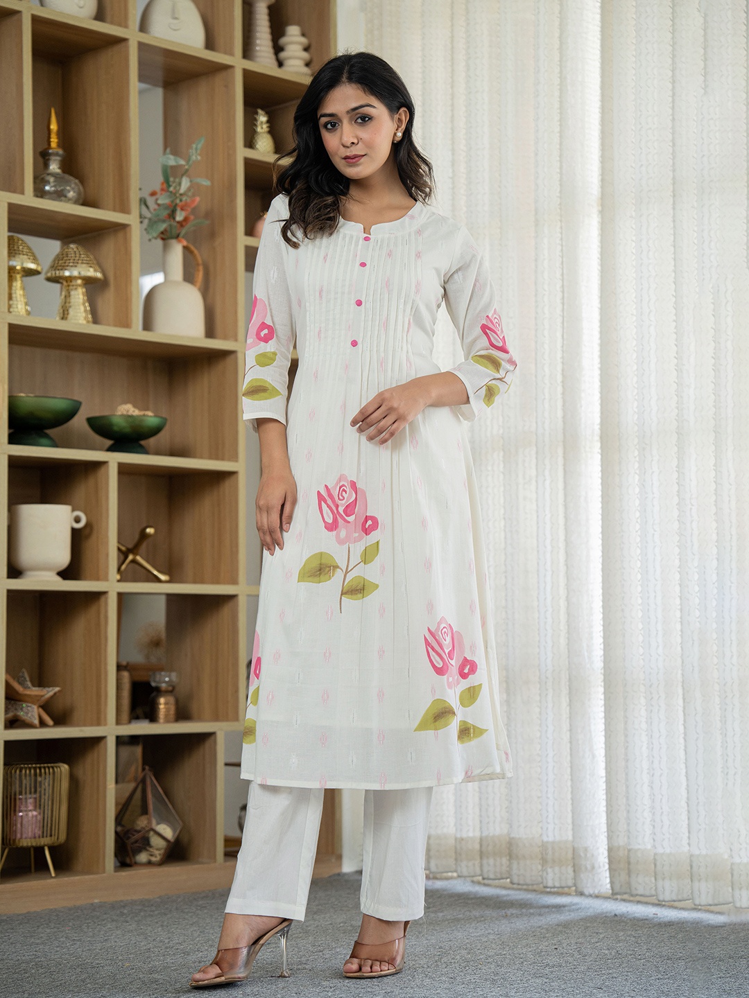 

AUTUMN LANE Floral Printed Pure Cotton A-Line Kurta With Trouser, White