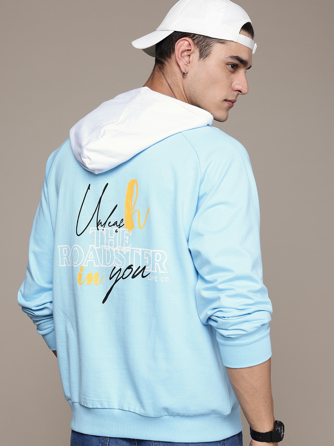 

The Roadster Lifestyle Co. Printed Hooded Pure Cotton Oversized Sweatshirt, Blue