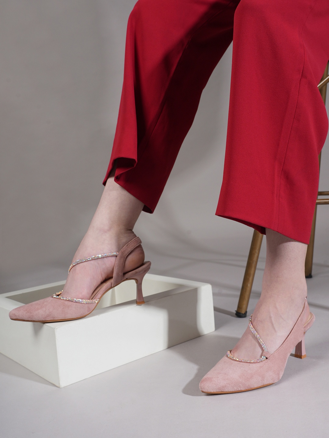 

Lavie Embellished Velvet Slim Heeled Pumps, Pink