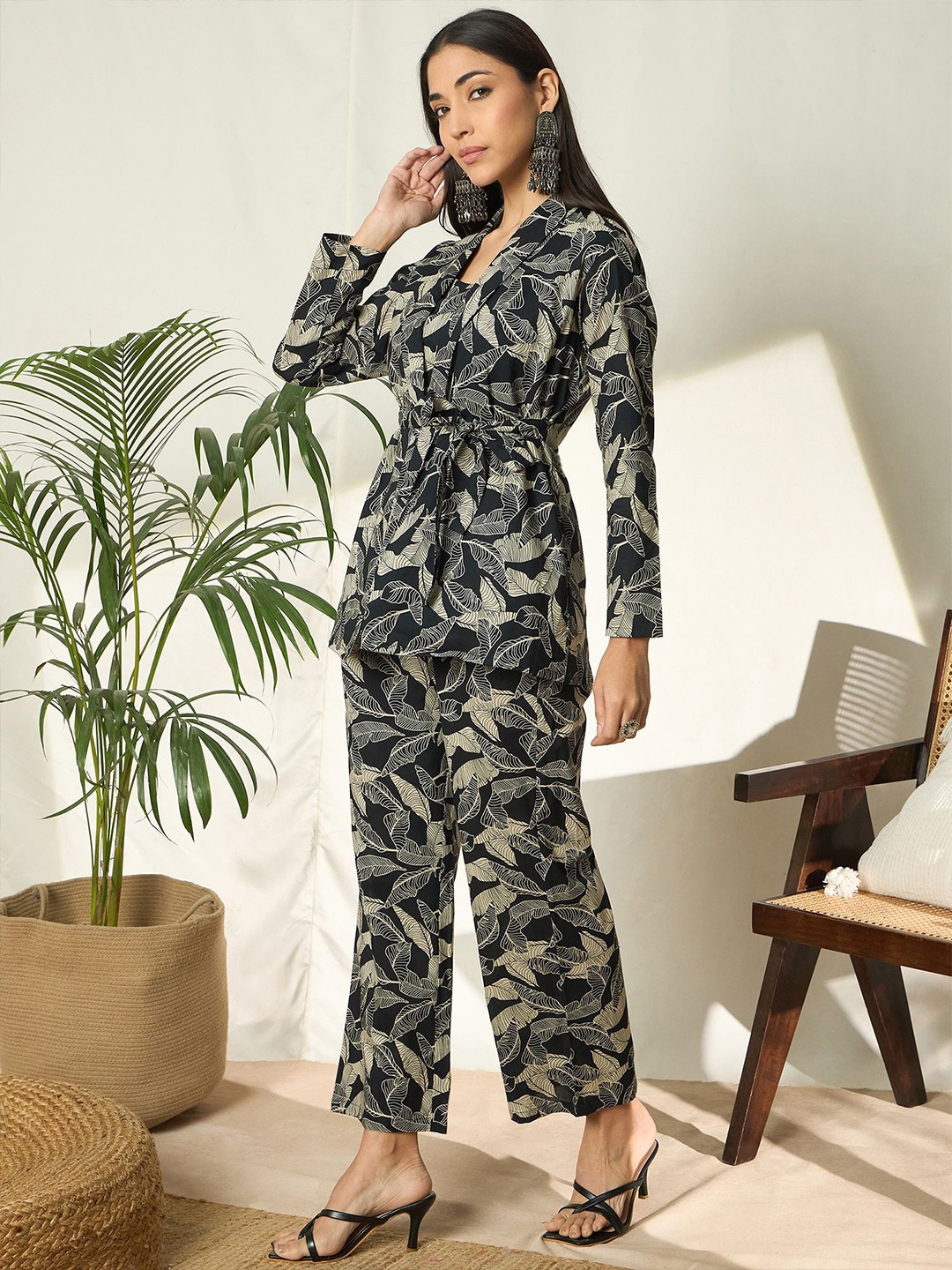 

BANDIA Printed Pure Cotton Top & Trousers With Shrug Co-Ords, Black