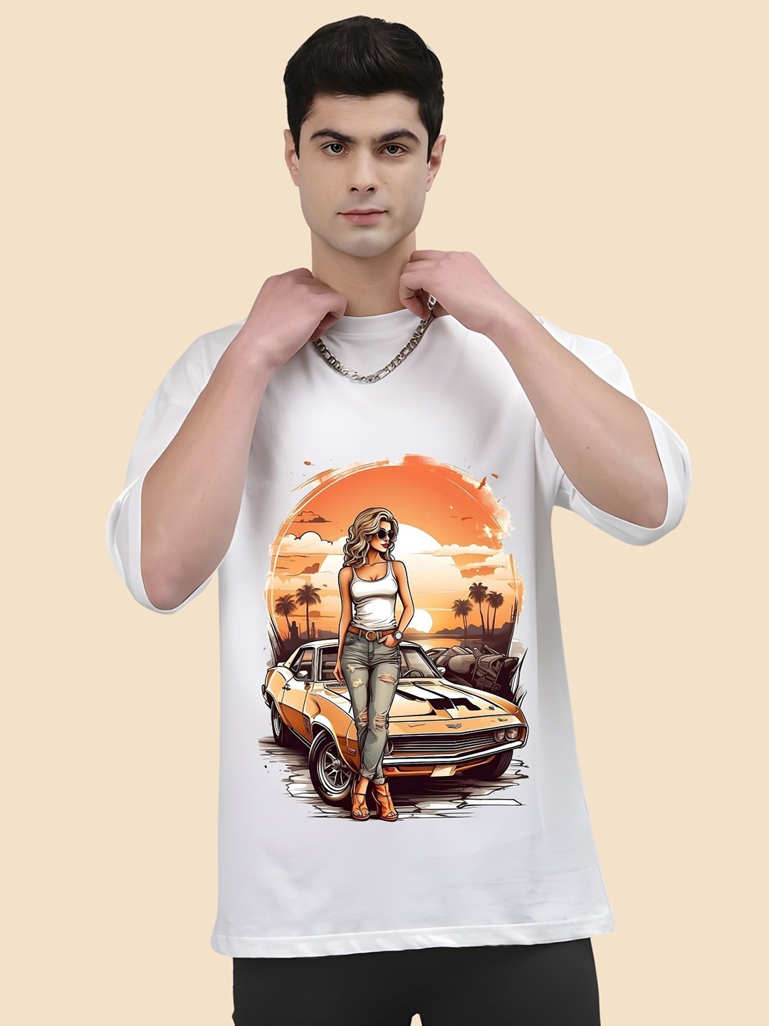 

SZN Men Graphic Printed Round Neck Cotton Oversized T-shirt, White