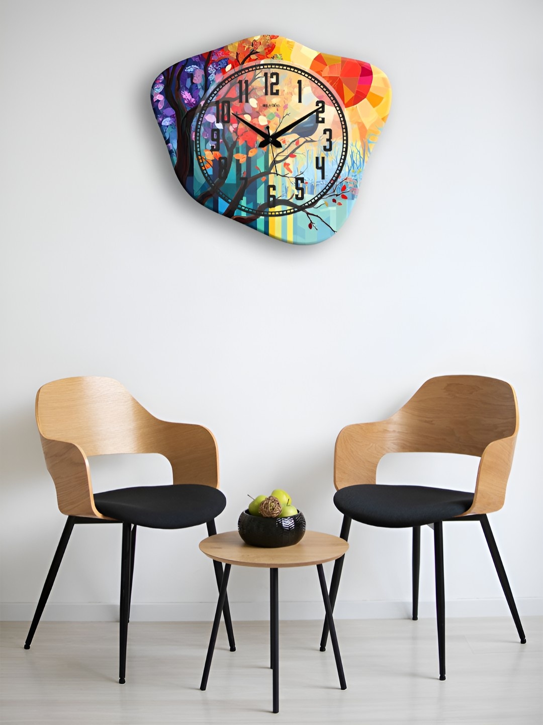 OLIVE TREE Purple & Orange Printed Analogue Wooden Abstract Shaped Contemporary Wall Clock