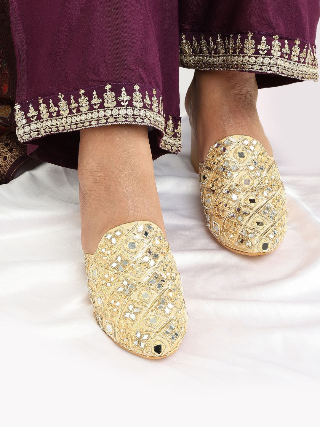 

Nysah Women Embellished Leather Ethnic Block Mules, Gold