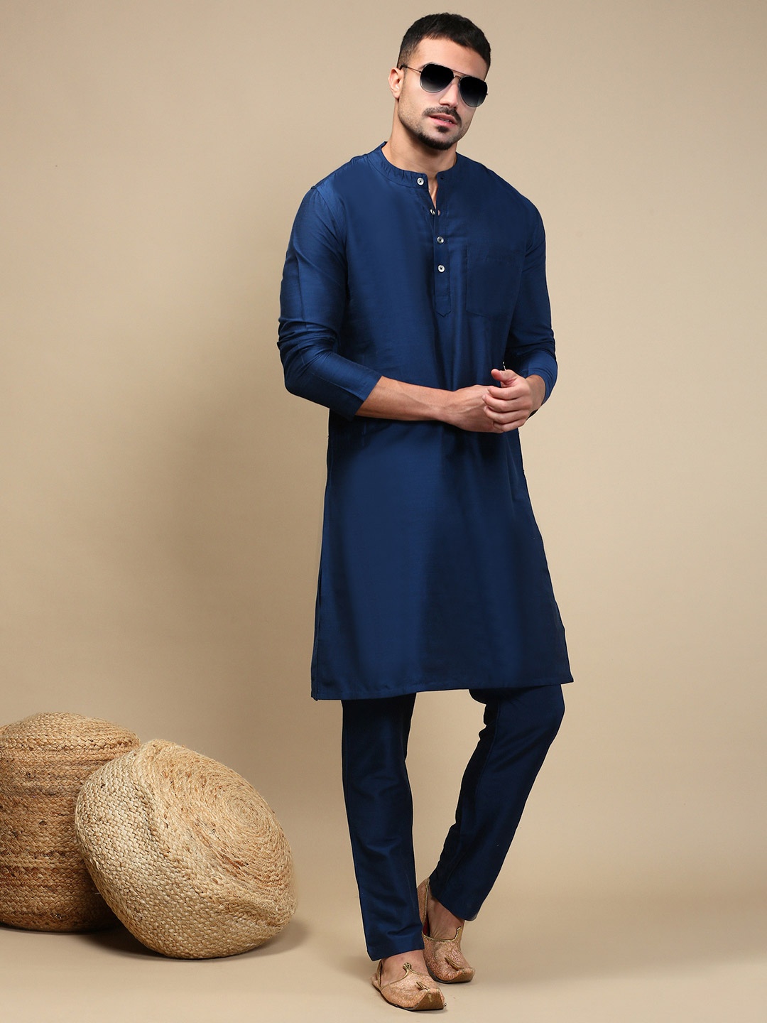 

WHITE HEART Band Collar Straight Kurta With Pyjamas, Teal