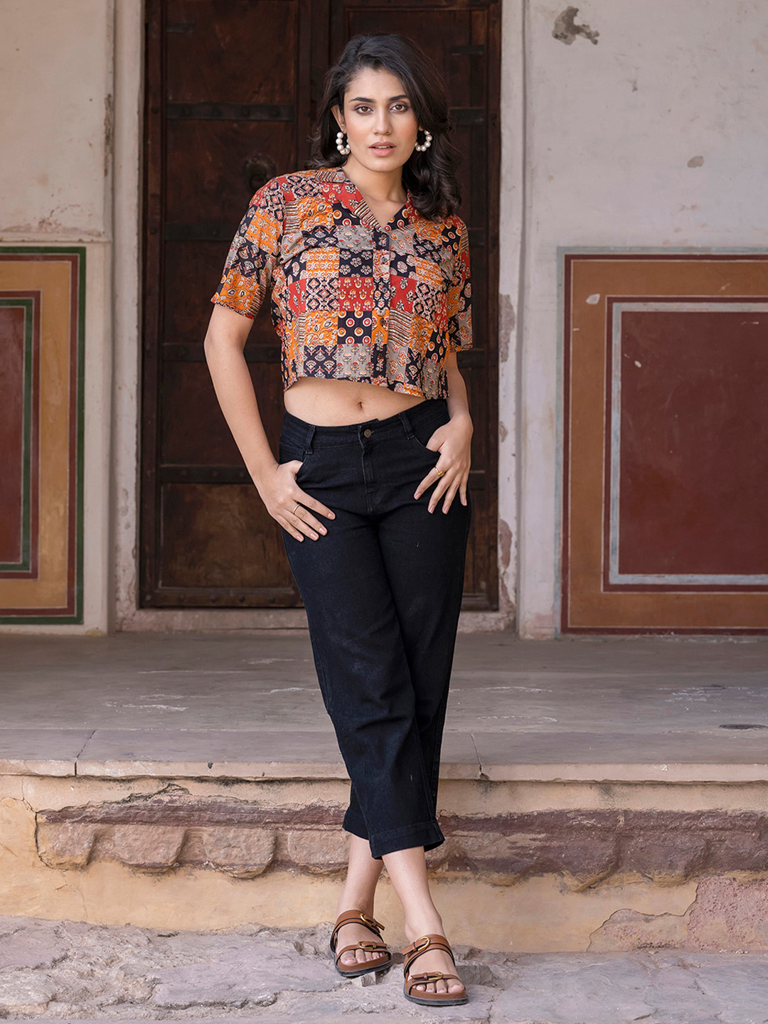 

CORSICA Women Printed Cotton Shirt Style Crop Top, Black