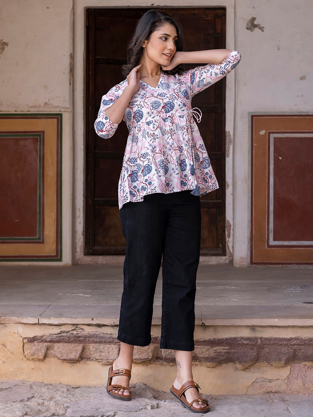 

CORSICA Women Floral Printed Cotton Blouson Top, White