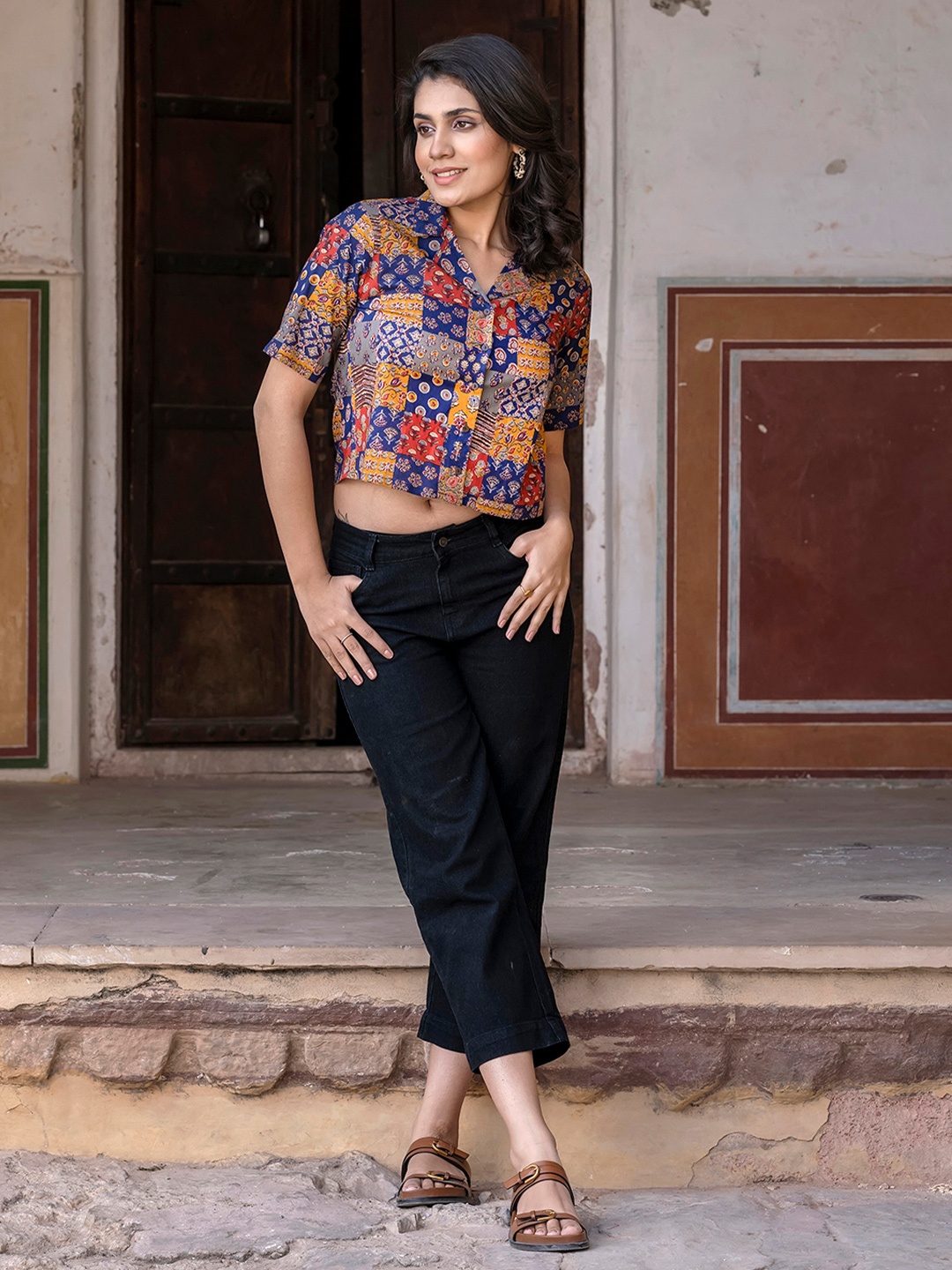

CORSICA Print Ethnic Cotton Shirt Style Crop Top, Blue