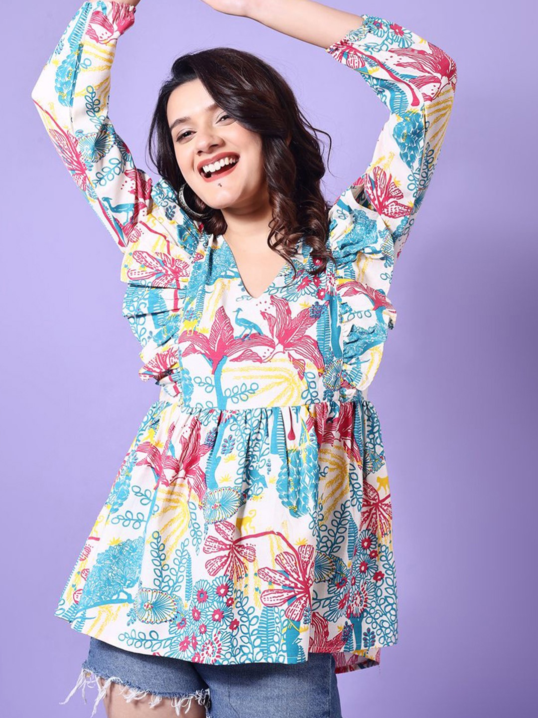 

KALINI Women Floral Printed Ruffles Peplum Top, Blue