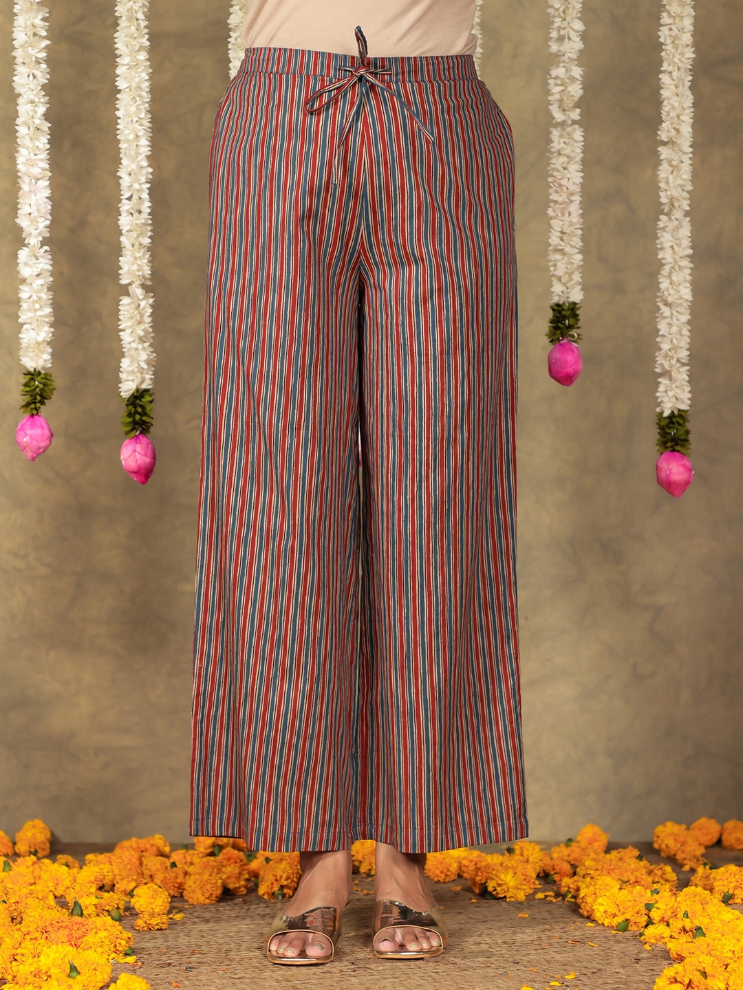 

Aramya Women Striped Ethnic Palazzos, Red