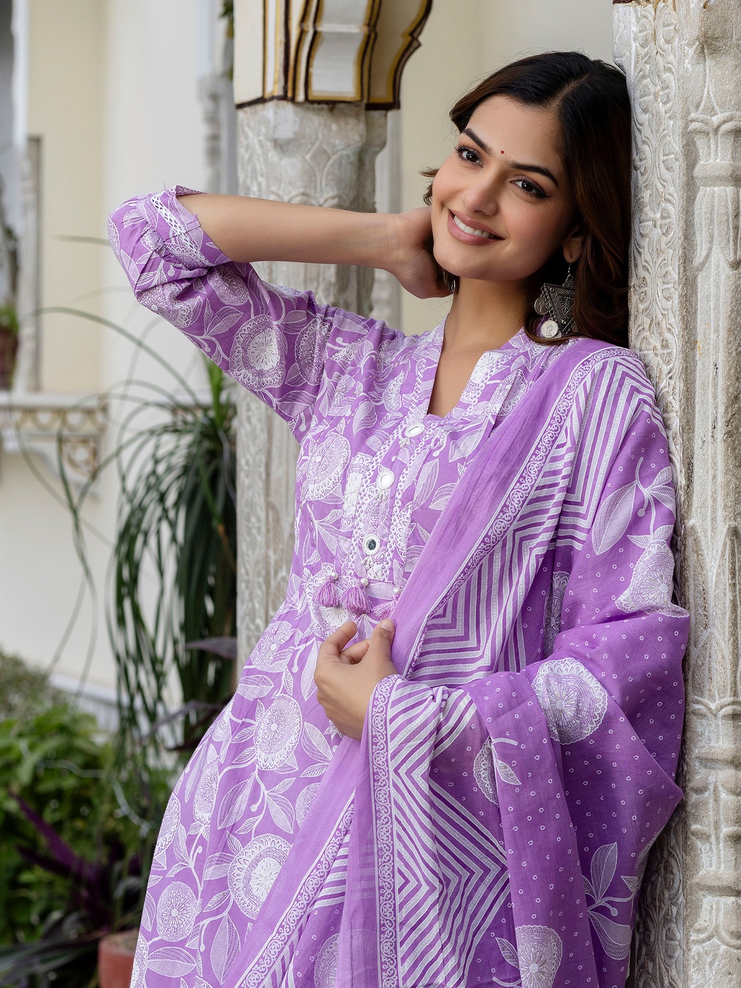 

EthniFlair Floral Printed Mirror Work Pure Cotton A-Line Kurta With Trousers & Dupatta, Purple