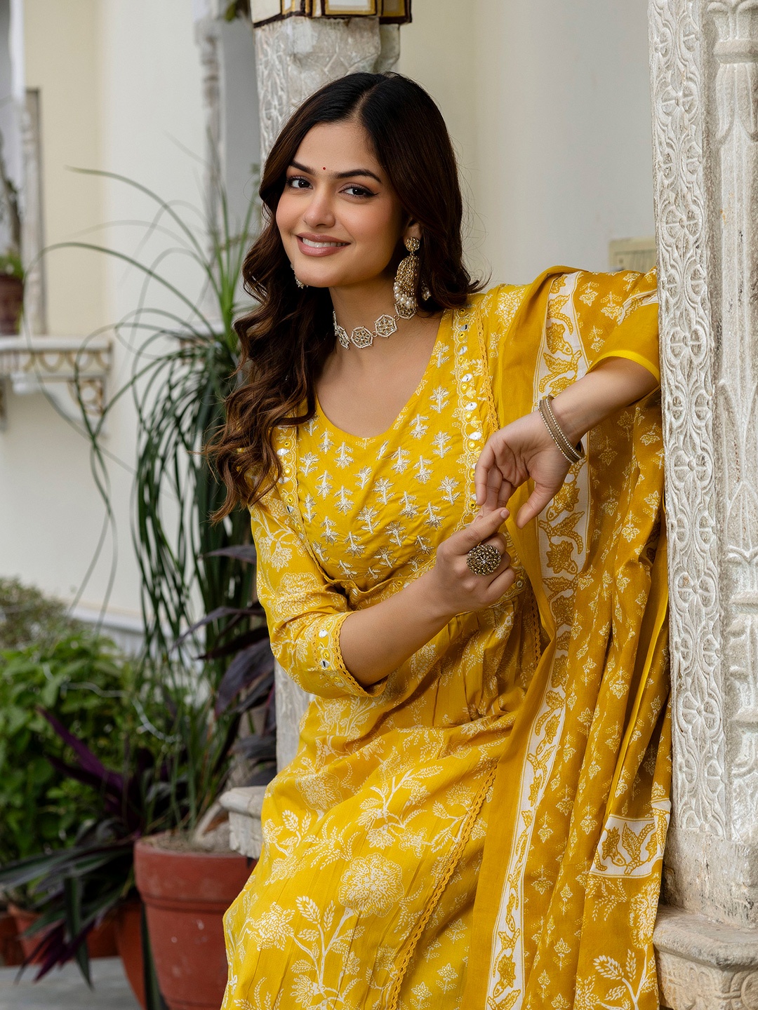 

EthniFlair Women Ethnic Motifs Printed Regular Beads and Stones Pure Cotton Kurta with Pyjamas & With Dupatta, Yellow