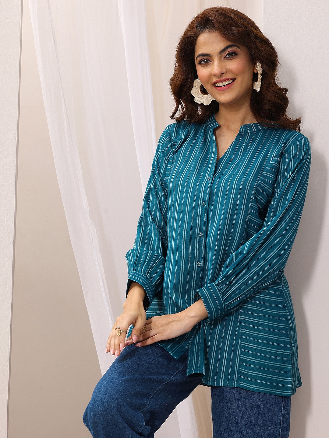 

Libas Women Woven Design front open Panelled Kurti, Teal