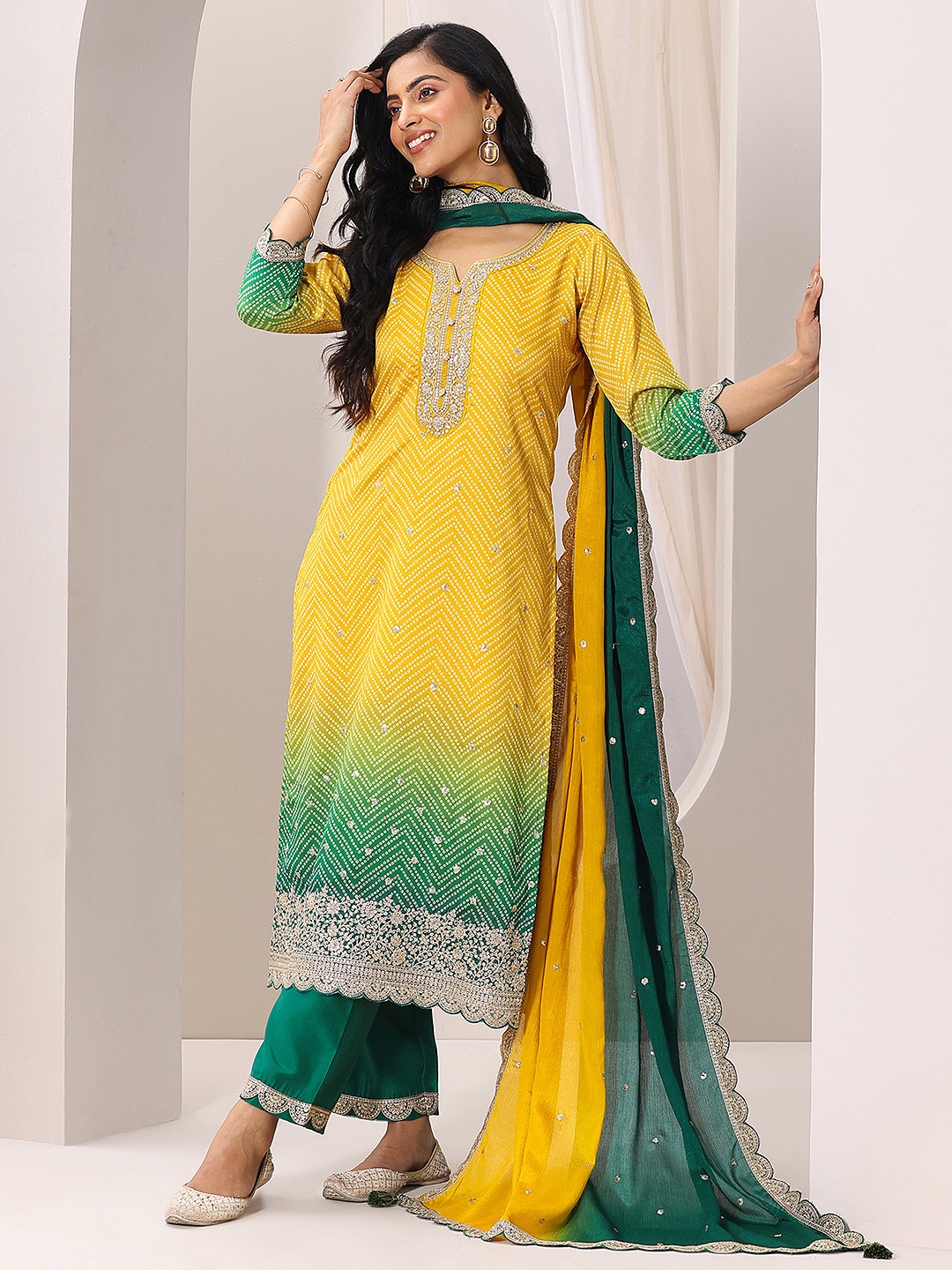 

Libas Women Bandhani Printed Regular Kurta with Trousers & With Dupatta, Mustard