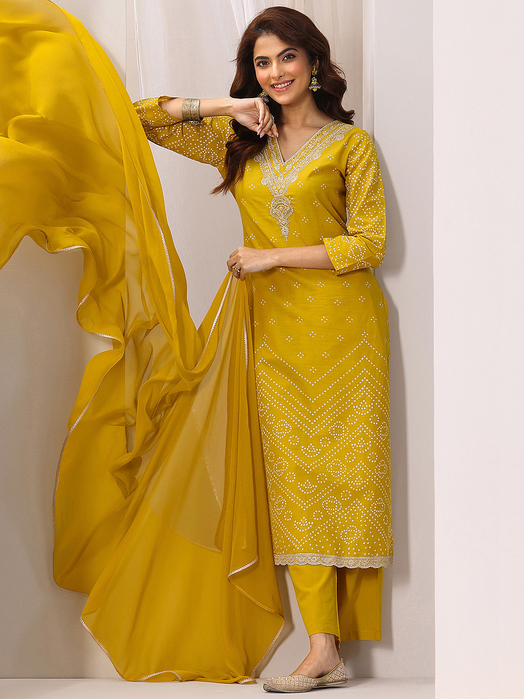

Libas Bandhani Printed Thread Work Straight Kurta With Trousers & Dupatta, Mustard
