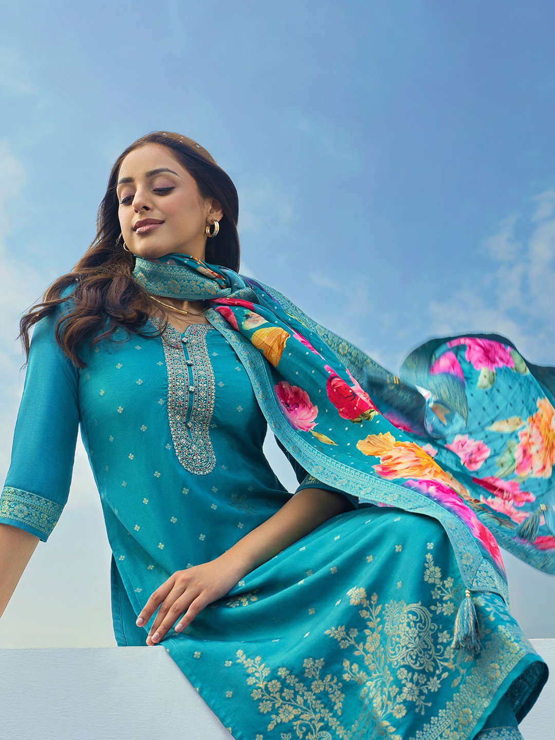 

Libas Floral Woven Design Notch Neck Straight Kurta with Trousers & With Dupatta, Blue