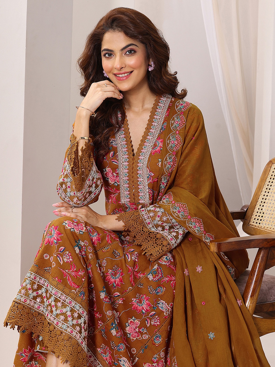

Libas Floral Printed Sequinned V-Neck Panelled Anarkali Kurta with Trousers & Dupatta, Mustard