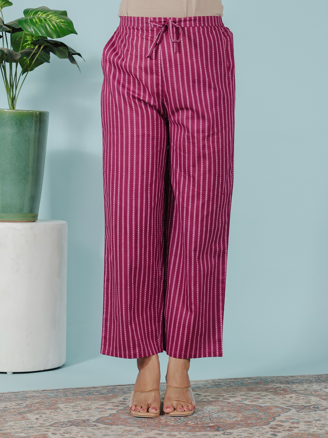 

Aramya Women Striped Cotton Cigarette Trousers, Purple
