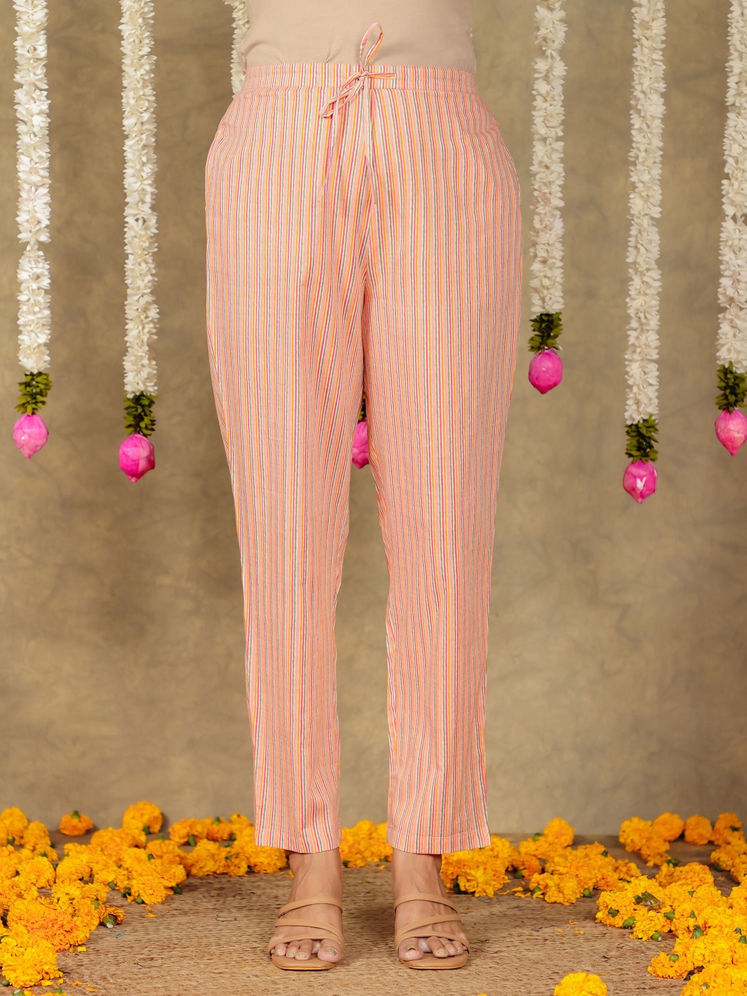 

Aramya Women Striped Cotton Trousers, Peach