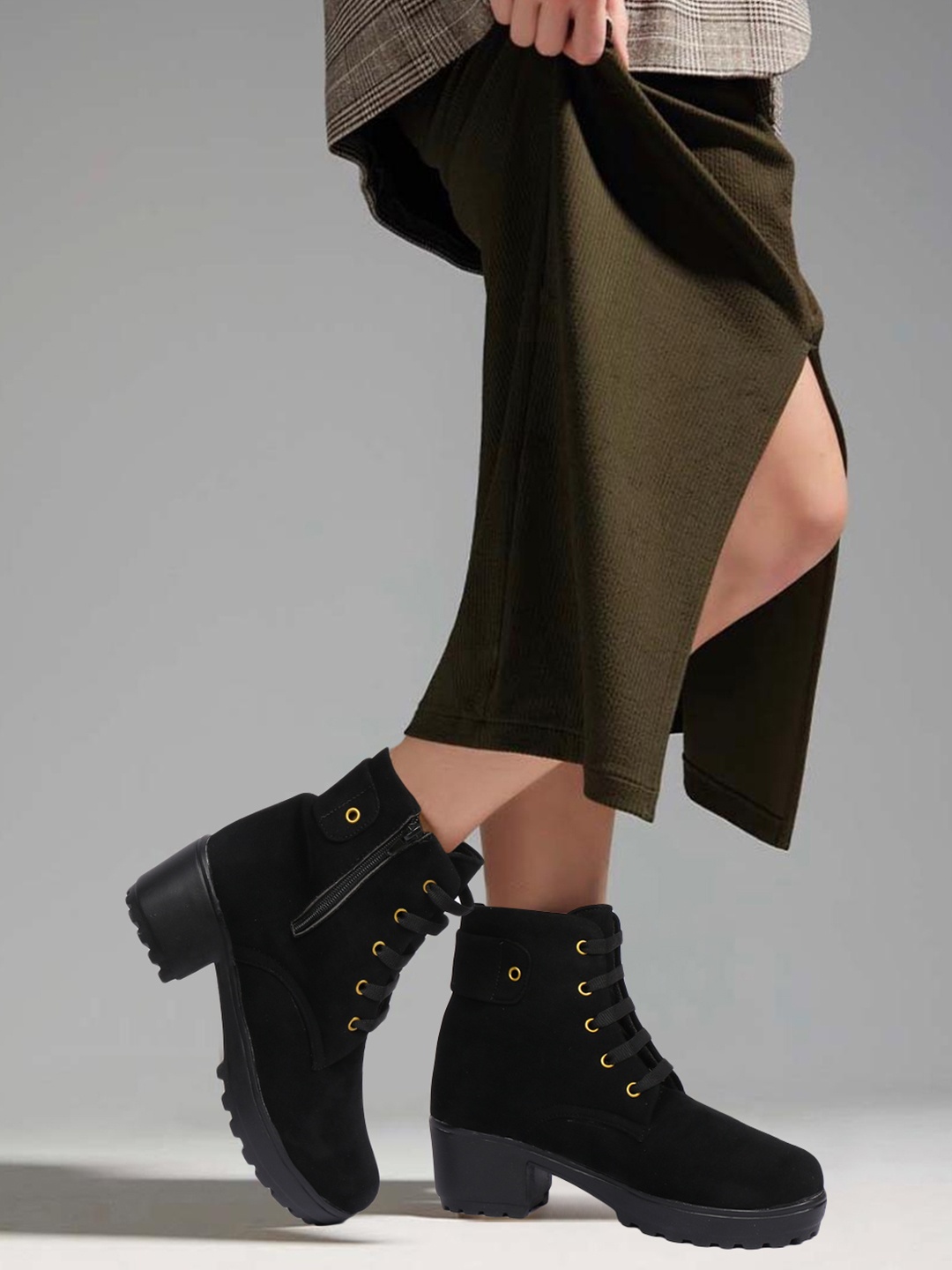 

Killer Women Lace-Up Block-Heeled Regular Boots With Side Zipper, Black