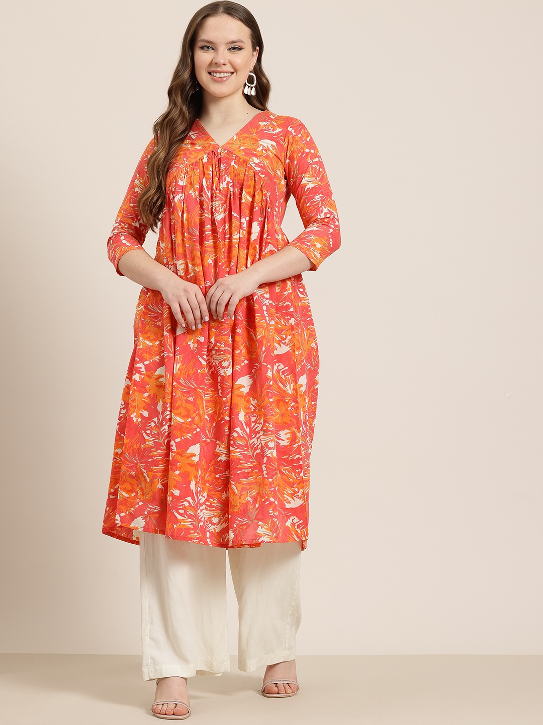 

HERE&NOW Abstract Printed Pleated Pure Cotton Kurta, Red