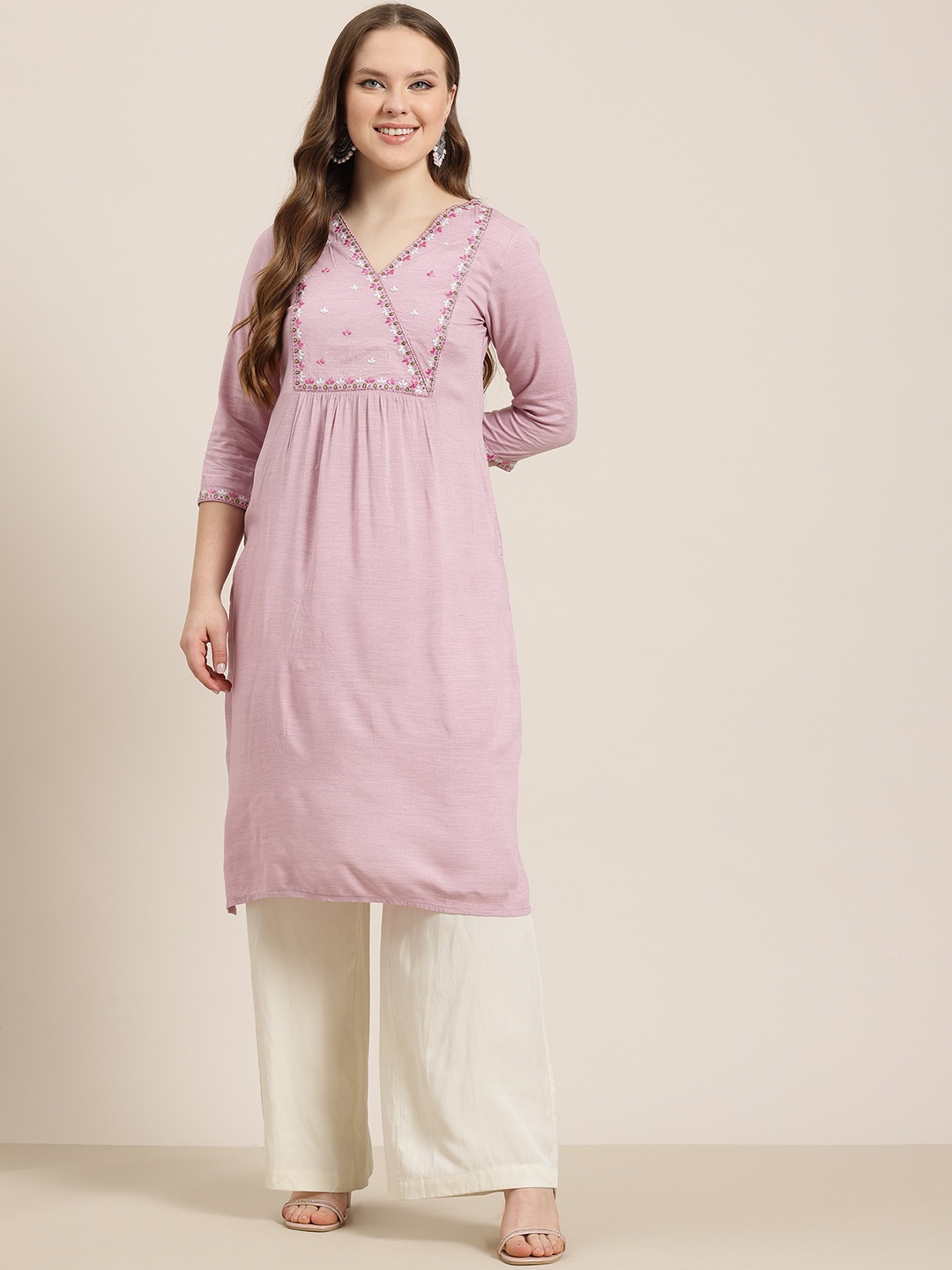 

HERE&NOW Floral Embroidered Thread Work Kurta, Lavender
