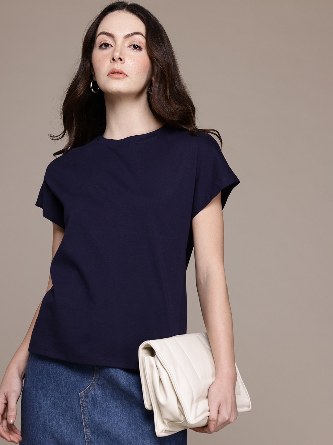 

MANGO Extended Sleeves Pure Cotton T-shirt, Navy blue