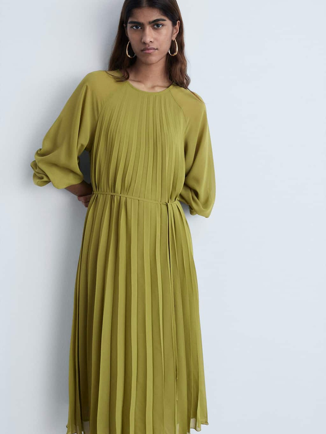 

MANGO Puff Sleeve Pleated A-Line Midi Dress, Olive