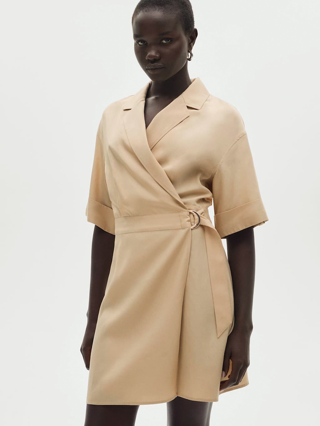 

MANGO Lapel Collar Wrap Style Mini Blazer Dress, Beige