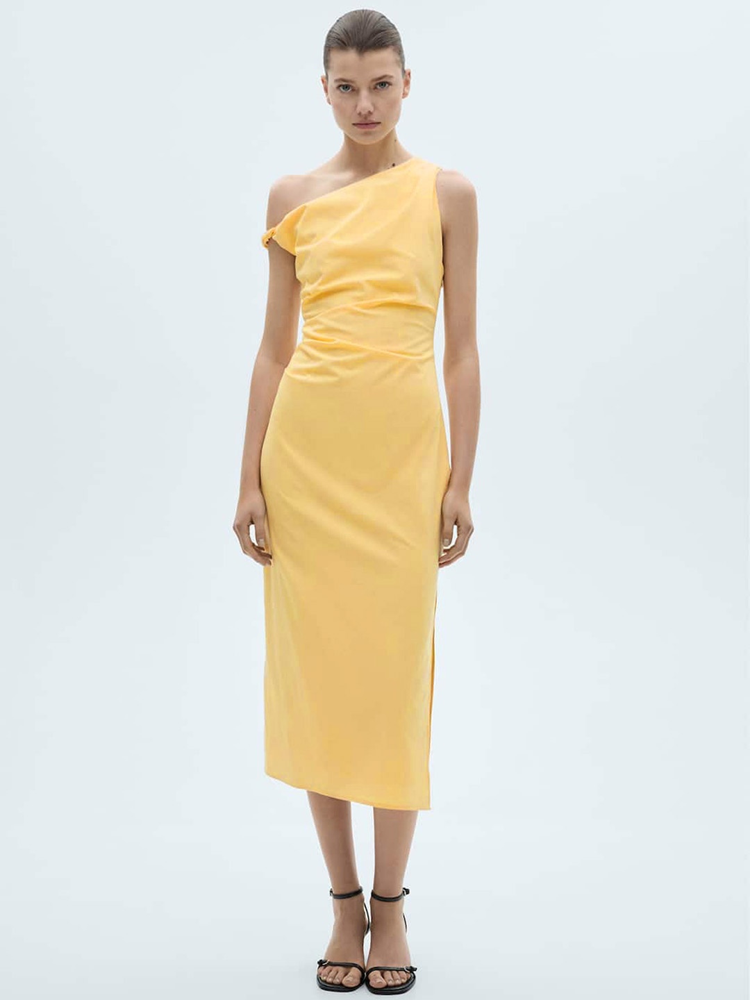 

MANGO Asymmetric Neck Gathered Sheath Midi Dress, Yellow