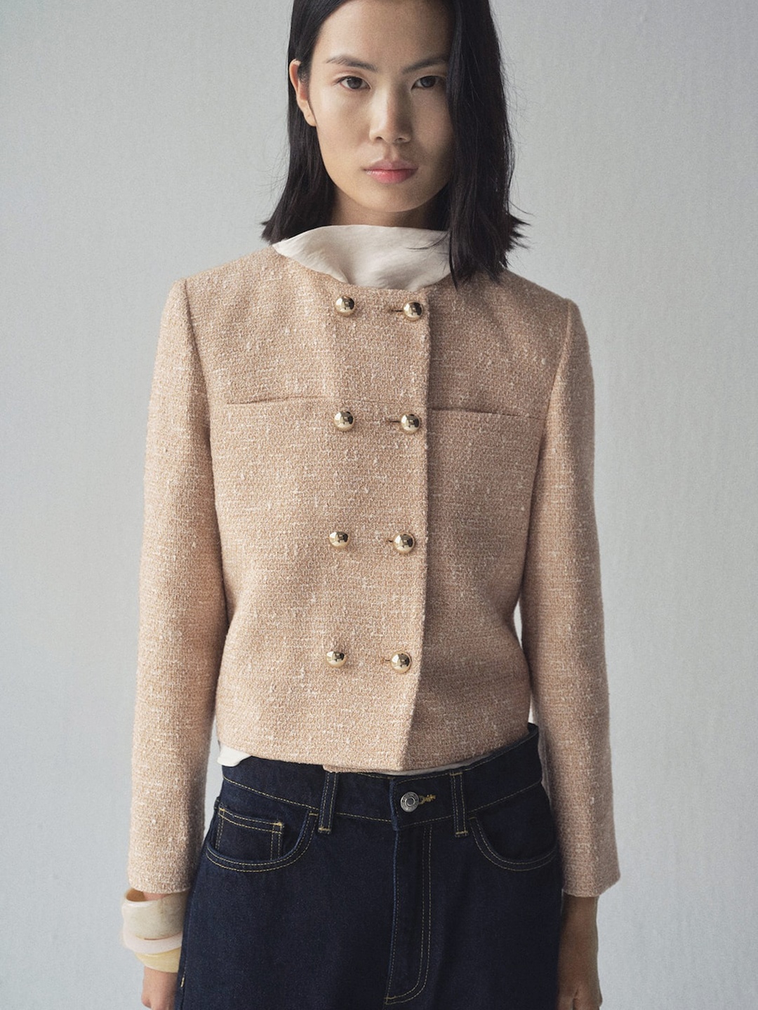 

MANGO Double-Breasted Tweed Jacket, Beige