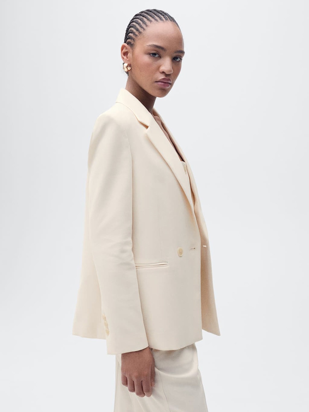 

MANGO Solid Lapel Collar Double Breasted Blazer, Cream