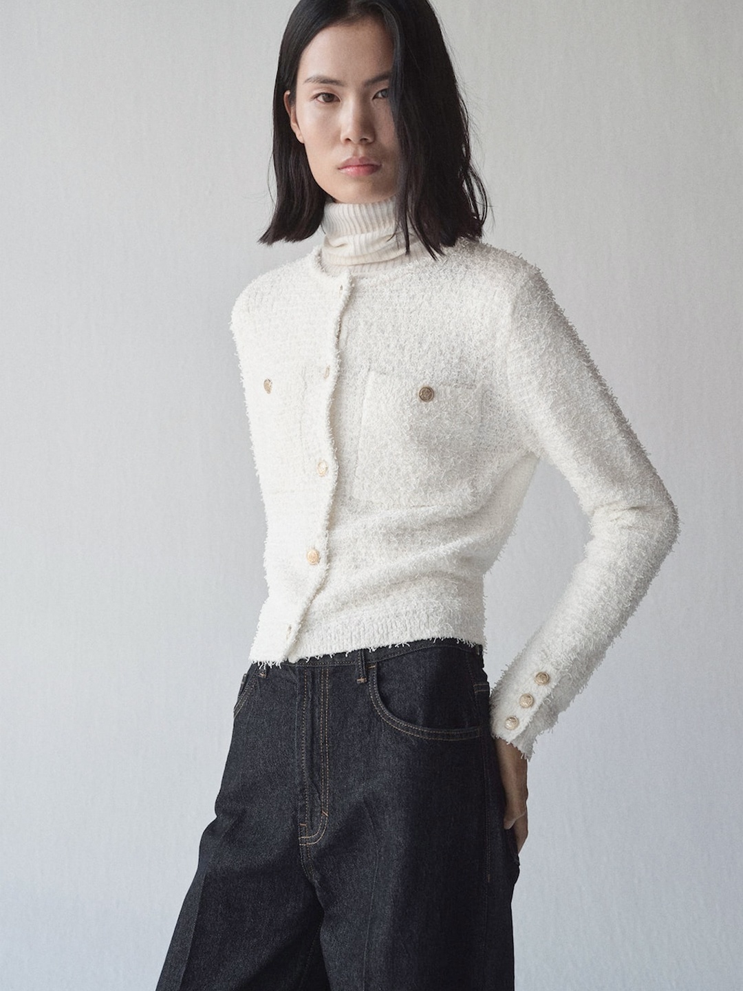 

MANGO Collarless Tweed Jacket, Off white