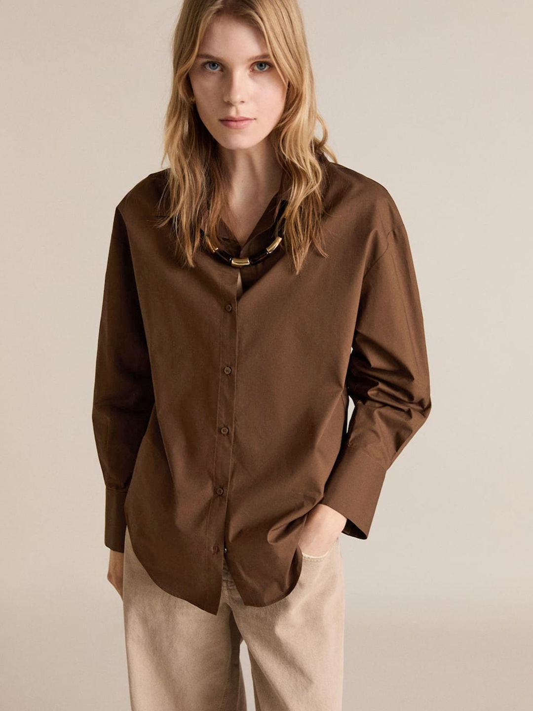 

MANGO Relaxed Pure Cotton Shirt, Brown