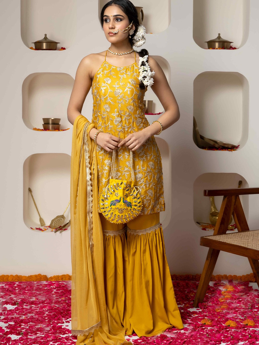 

SAKA DESIGNS Floral Embroidered Halter Neck Georgette Kurta With Sharara & Dupatta, Yellow
