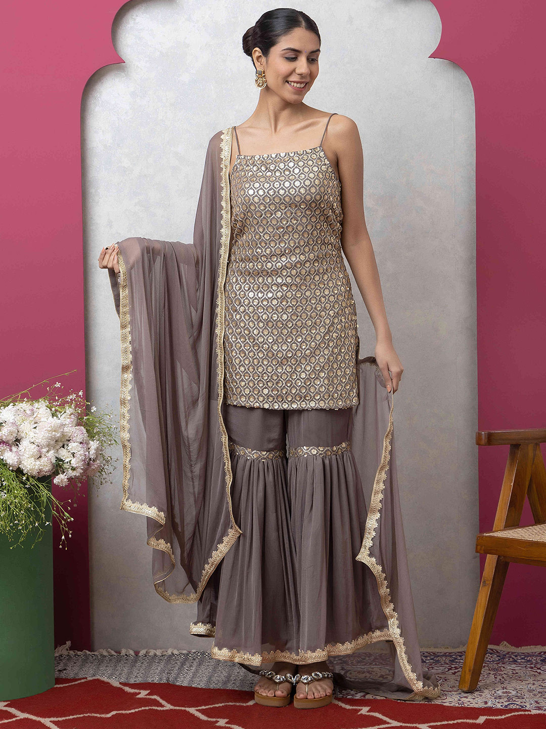 

SAKA DESIGNS Sequinnce Embellished Square Neck Kurta With Sharara & Dupatta, Grey