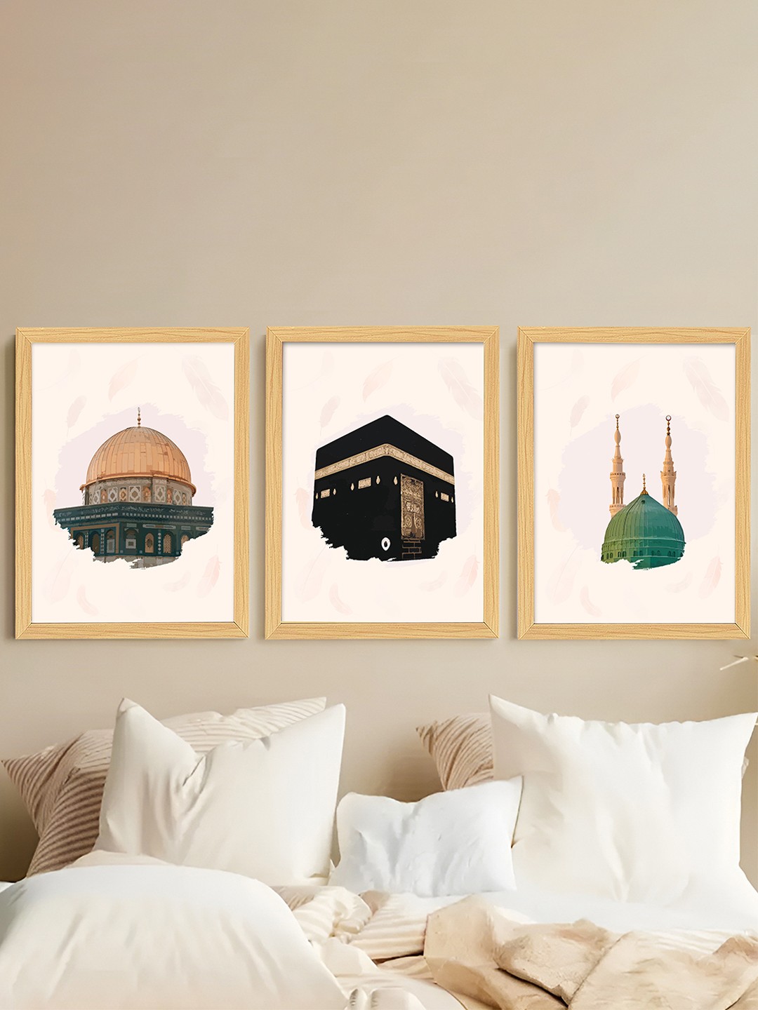 

Art Street Pink 3 Pieces Masjid E Nabawi Mosque Mecca Kaaba Islamic Religious Wall Art