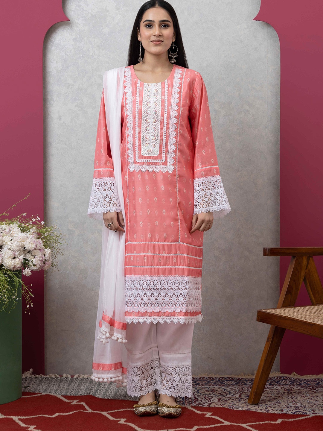 

SAKA DESIGNS Floral Printed Lace Work Kurta With Trousers & Dupatta, Peach