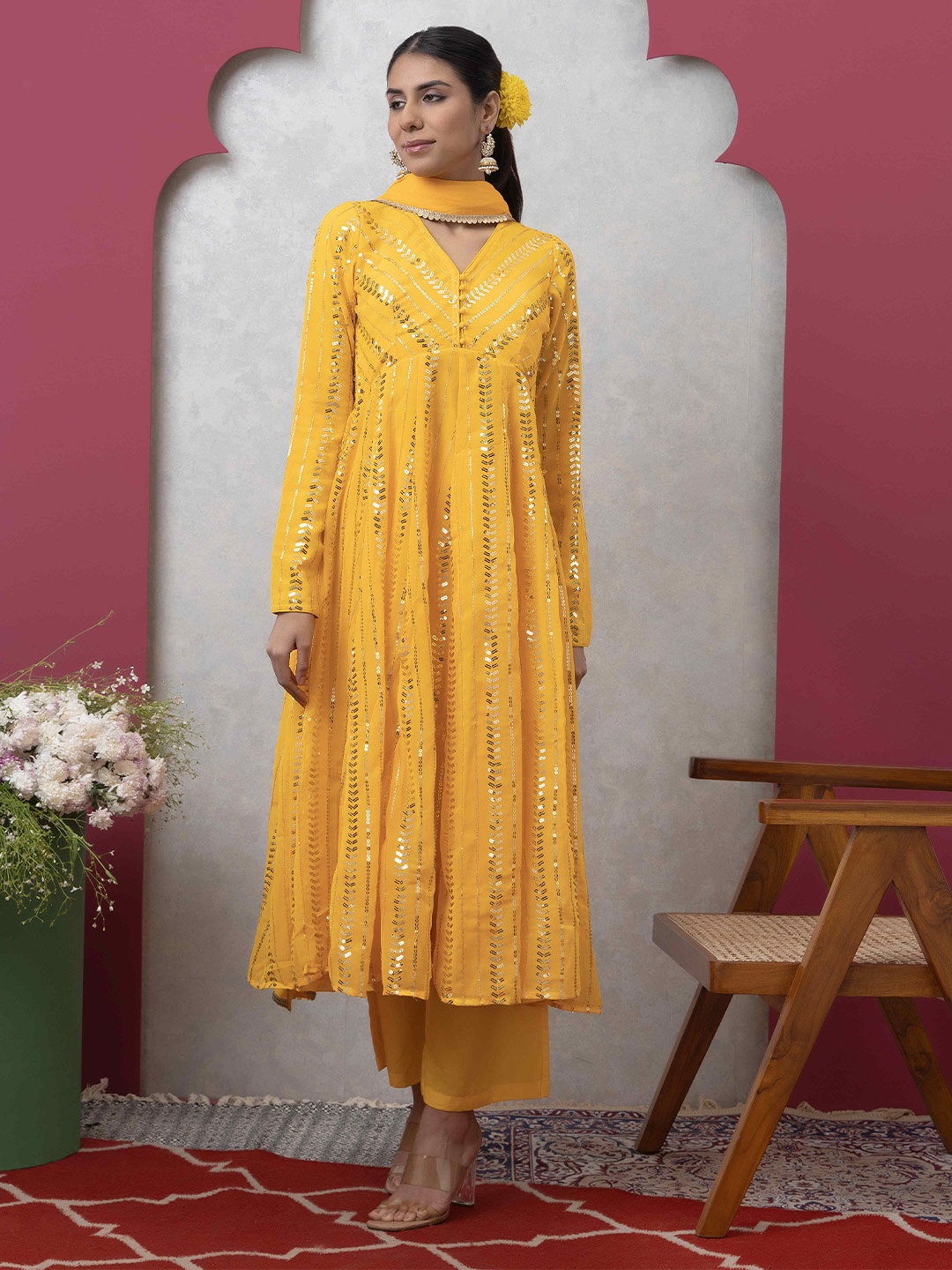 

SAKA DESIGNS Floral Embroidered V-Neck Georgette A-Line Kurta With Trouser & Dupatta, Yellow