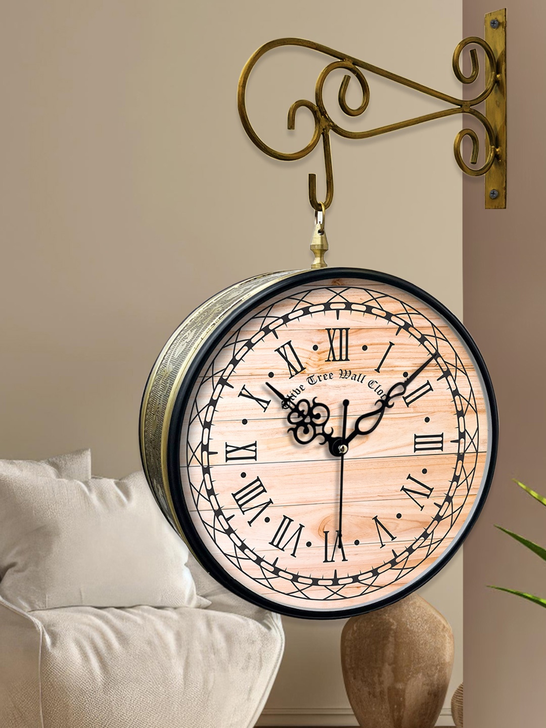 

OLIVE TREE Gold-Toned Textured Analogue Metal Round Double Sided Vintage Wall Clock