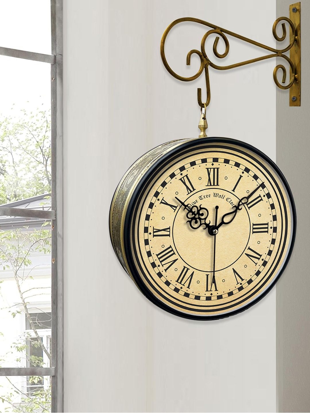 

OLIVE TREE Gold-Toned Textured Analogue Metal Round Double Sided Vintage Wall Clock