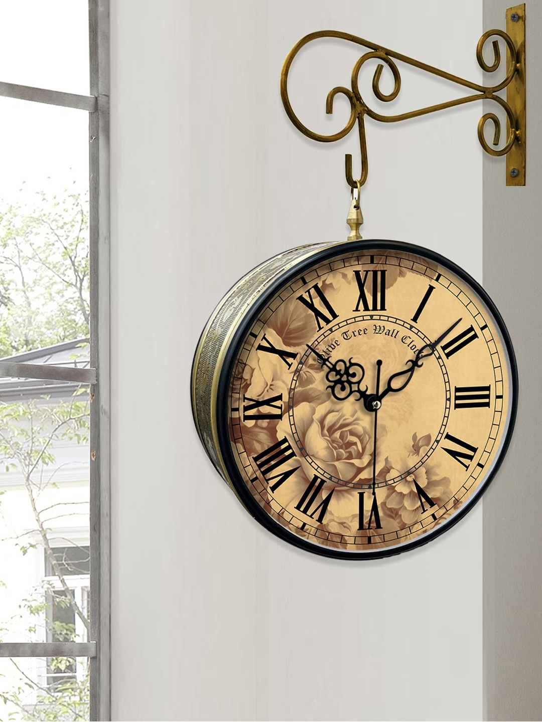

OLIVE TREE Gold-Toned Printed Analogue Metal Round Double Sided Vintage Wall Clock