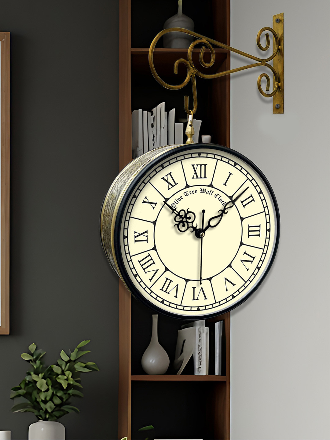 

OLIVE TREE Gold Toned Printed Analogue Metal Round Vintage Station Double Sided Wall Clock